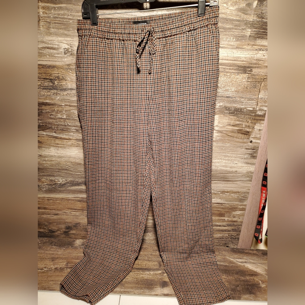 Express Multi Plaid Black Tan Pants Cotton/Spandex Ankle Mid Rise - Size Small